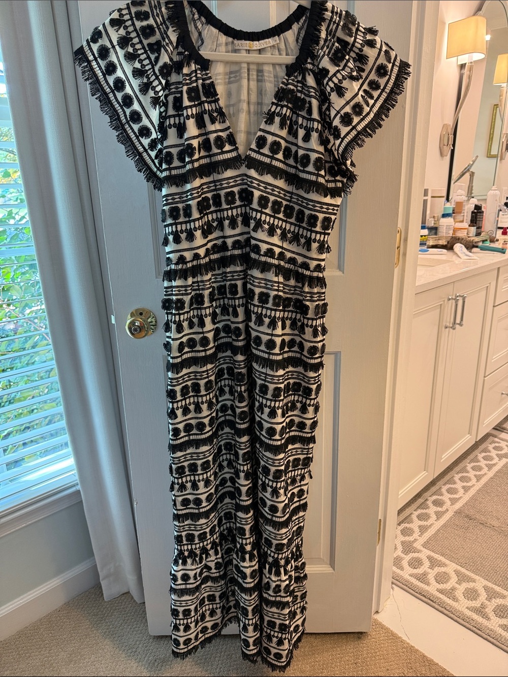 Marie Oliver Black and White Embroidered V-Neck Maxi Dress-M